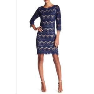 Eliza‎ J Dress Womens Size 6 Blue Shift Lace Overlay Scalloped Hem Elegant